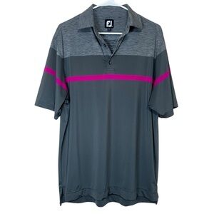 FJ Footjoy Men’s Golf Polo Shirt Gray Pink Stripe Colorblock Collar Size Medium